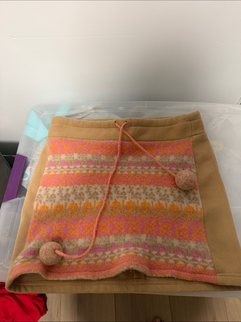Free People Camel Mini Skirt with Pink and Orange Fair Isle Panel